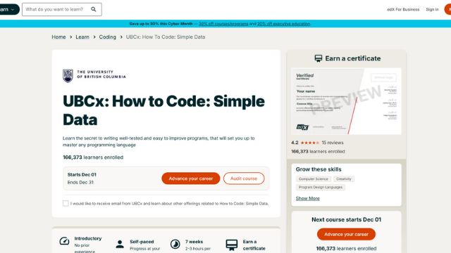EdX - University of British Columbia - How to Code: Simple Data