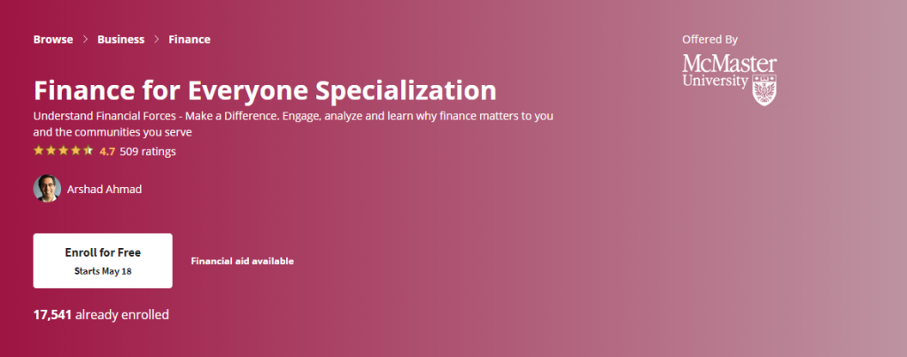 the screenshot from the course of Coursera - McMaster University - Finance for Everyone Specialization