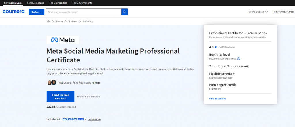 the screenshot from the course of Coursera - Meta Social Media Marketing Professional Certificate 