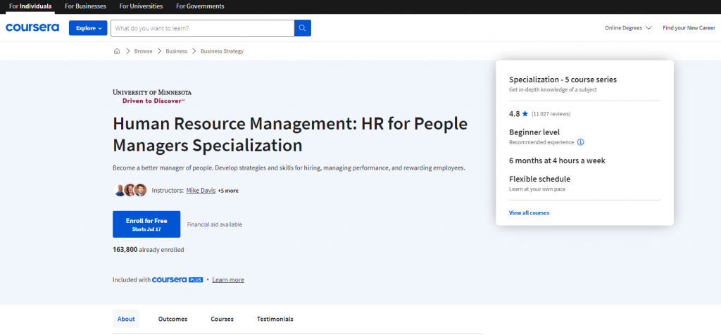 the screenshot from the course of Coursera - HRM: HR for People Managers Specialization