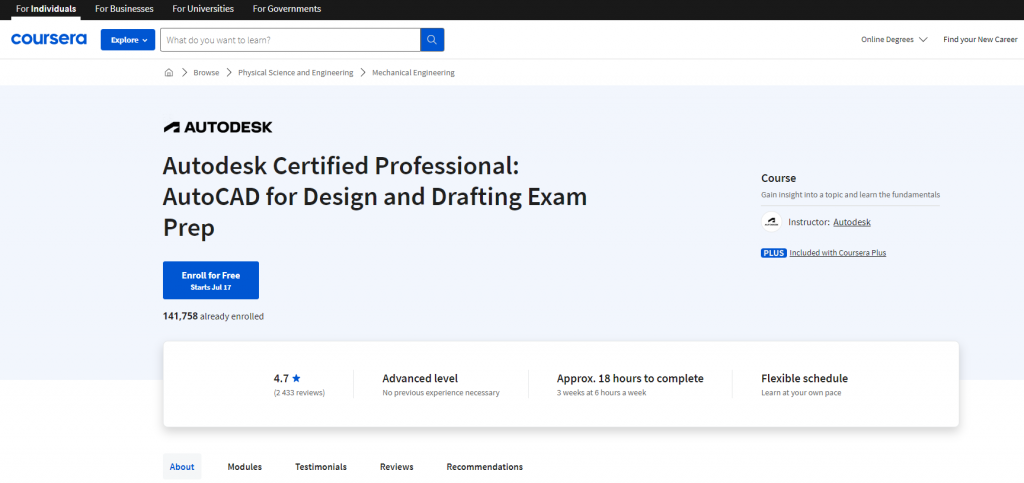 the screenshot from the course of Coursera - Autodesk Certified Professional: AutoCAD for Design and Drafting Exam Prep
