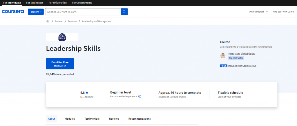 the screenshot from the course of Coursera - Leadership Skills