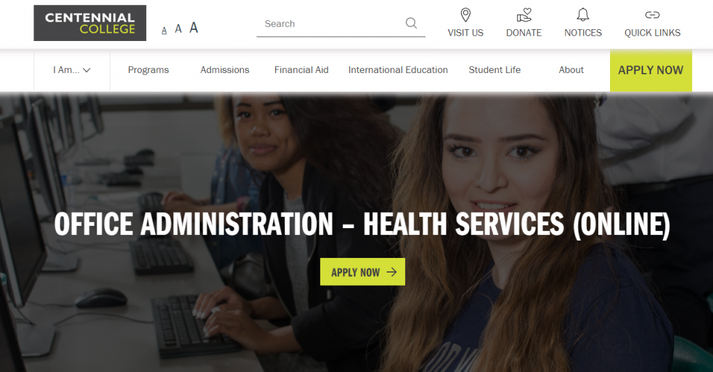 The screenshot from online course Centennial College - Health Services Office Administration