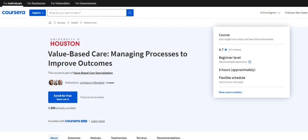 the screenshot from the course of Coursera - Value-Based Care: Managing Processes to Improve Outcomes