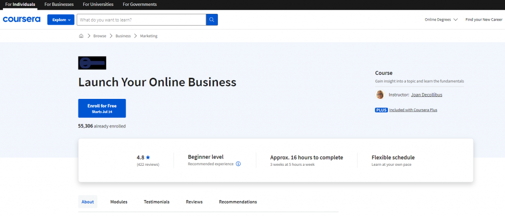 the screenshot from the course of Coursera - Launch Your Online Business