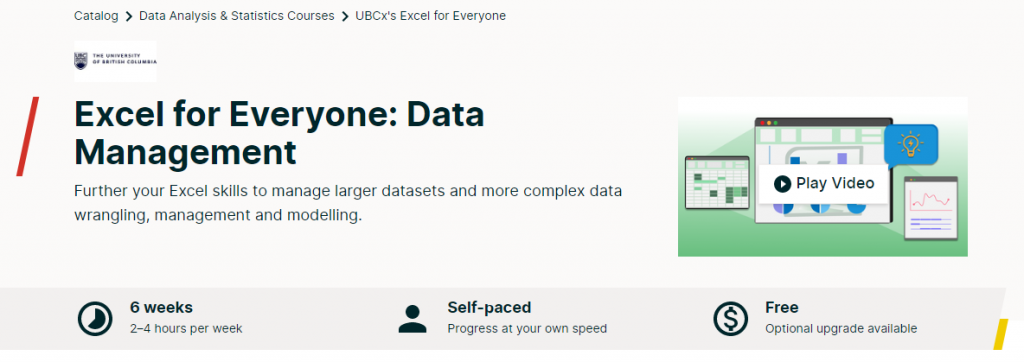 the screenshot from the course EdX - University of British Columbia - Excel for Everyone: Data Management
