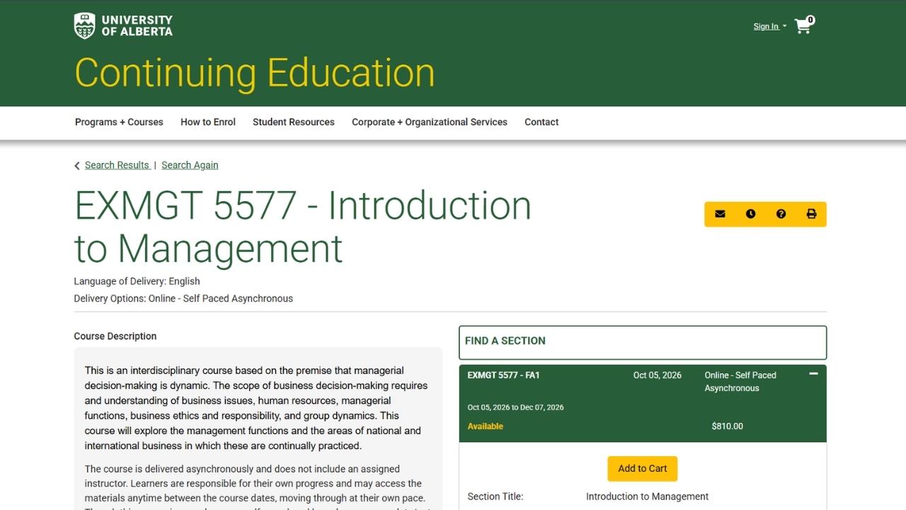 University of Alberta - Business Management Course
