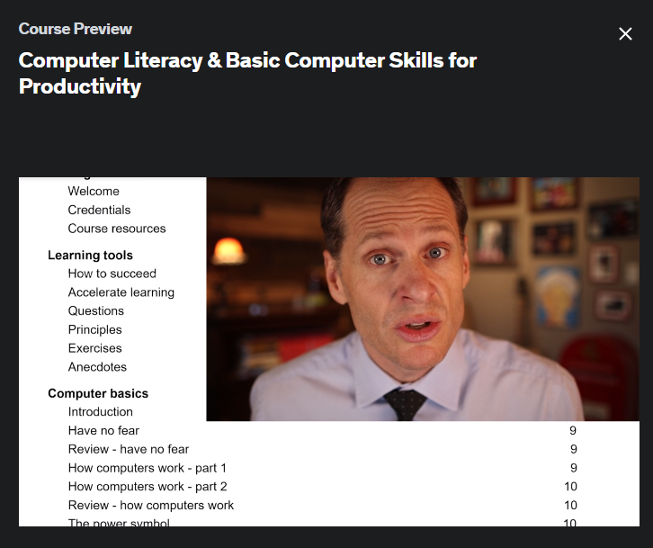 The screenshot from the online course Computer Literacy & Basic Computer Skills for Productivity