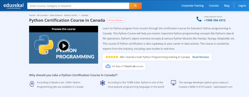 The screenshot from online course Edureka - Python Certification Course in Canada 