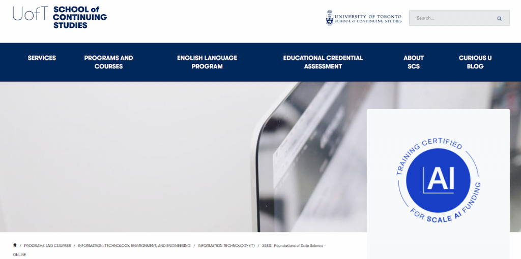 The screenshot from the course University of Toronto Foundations of Data Science Online Course