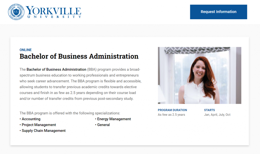 The screenshot from Yorkville University - Business Administration