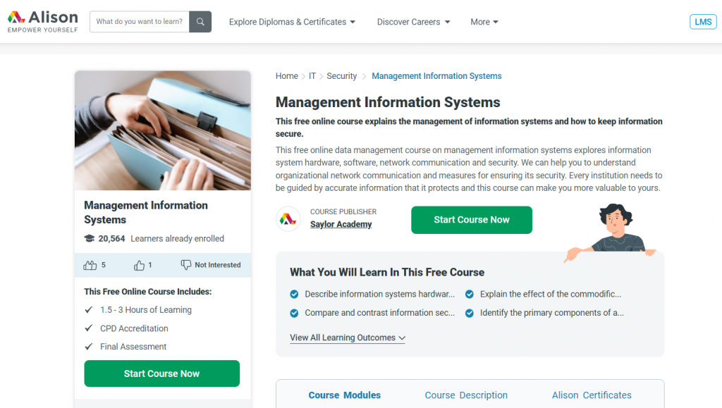 The screenshot from the online course Management Information Systems - Alison