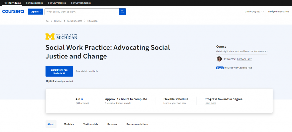 the screenshot from the course of Coursera - Social Work Practice: Advocating Social Justice and Change