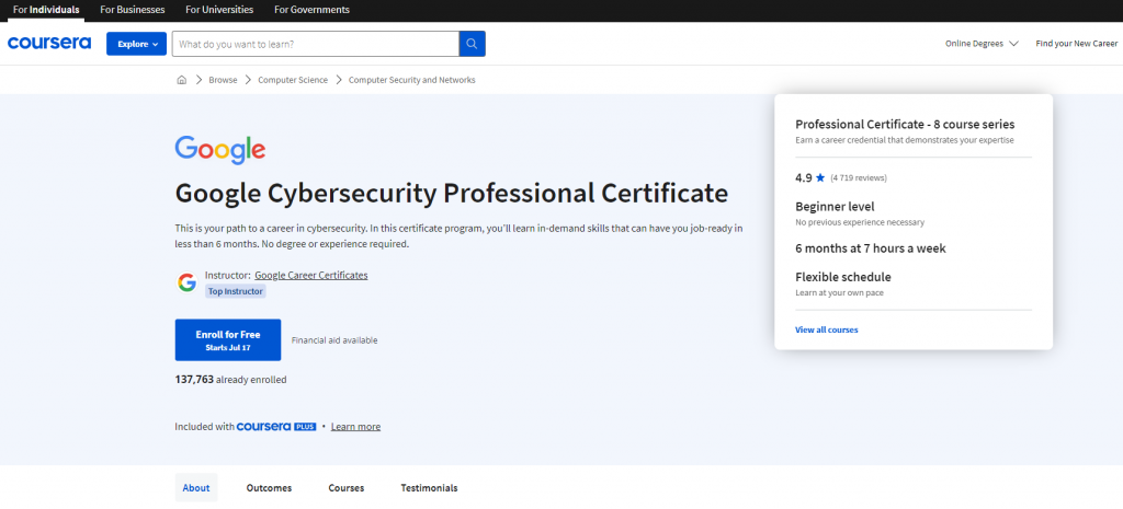 the screenshot from the course of Coursera - Google Cybersecurity Professional Certificate