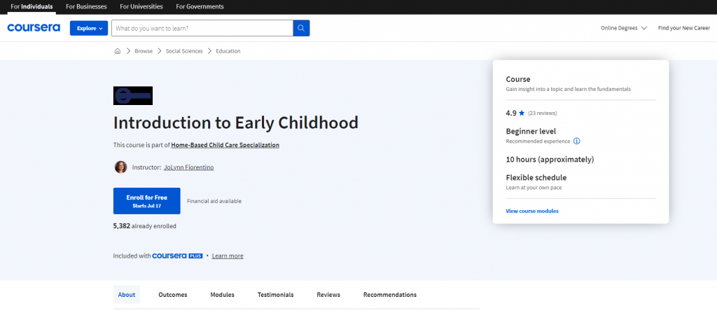 the screenshot from the course of Coursera - Introduction to Early Childhood