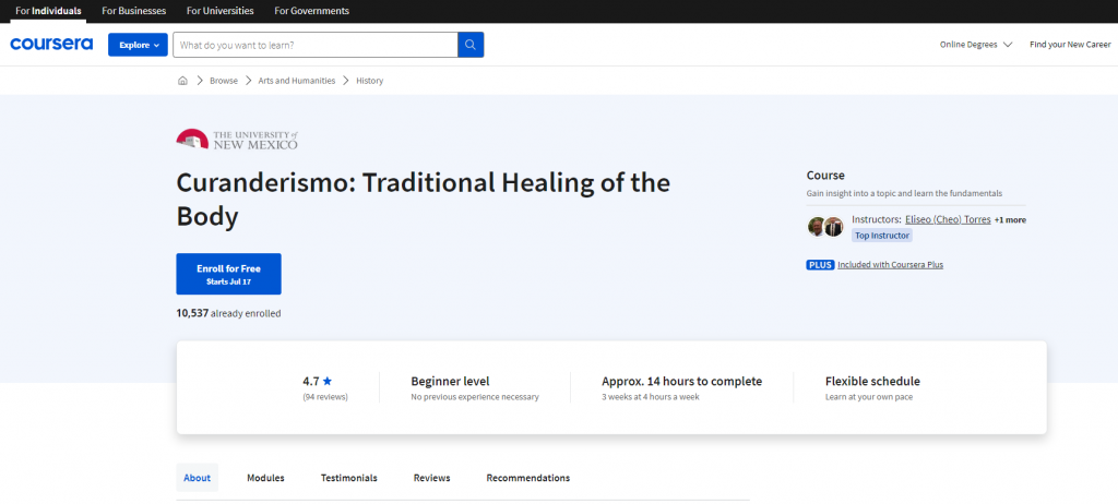the screenshot from the course of Coursera - Curanderismo: Traditional Healing of the Body