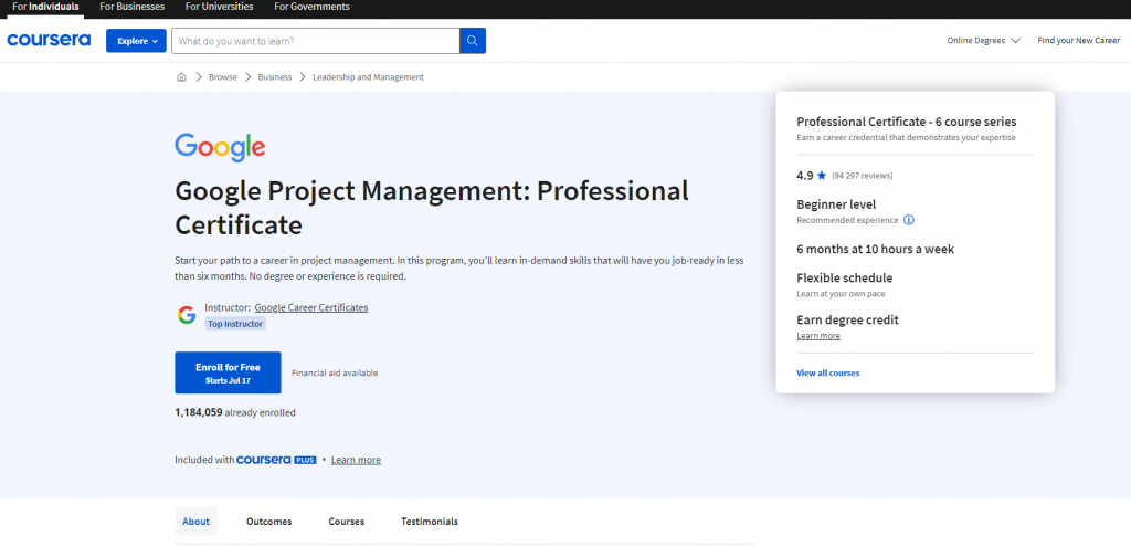 the screenshot from the course of Coursera - Google Project Management: Professional Certificate