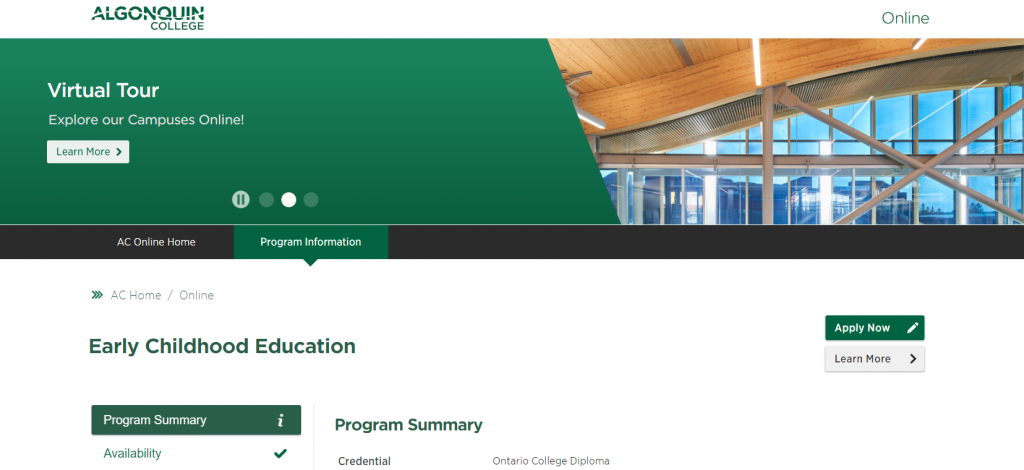 the screenshot from the course of Algonquin College - Early Childhood Education