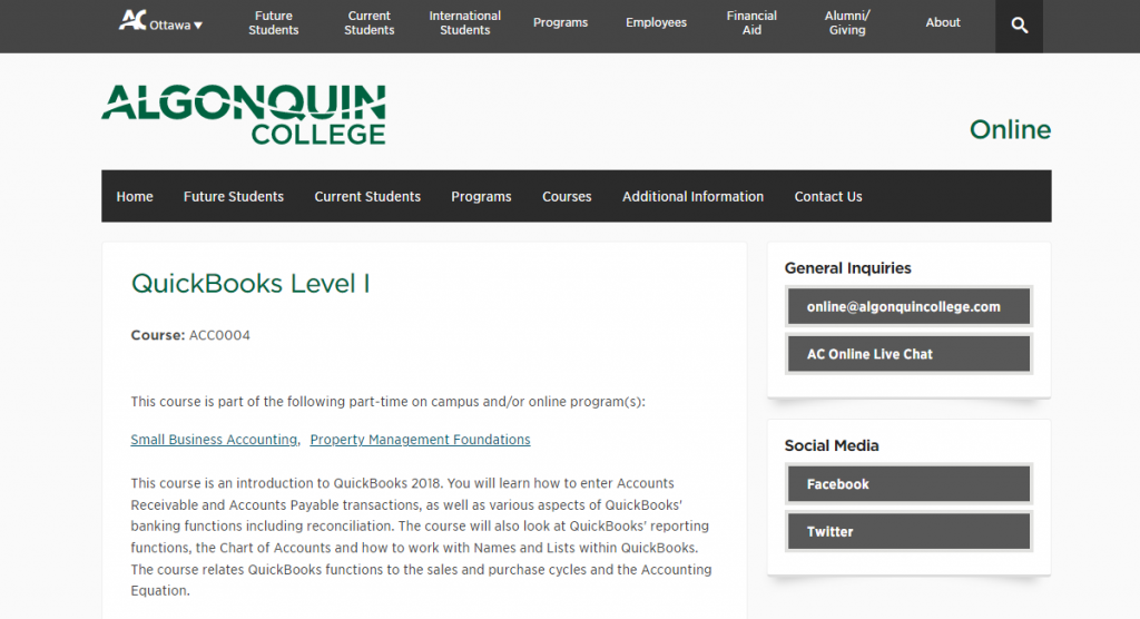 the screenshot from the course of Algonquin College - QuickBooks Level I