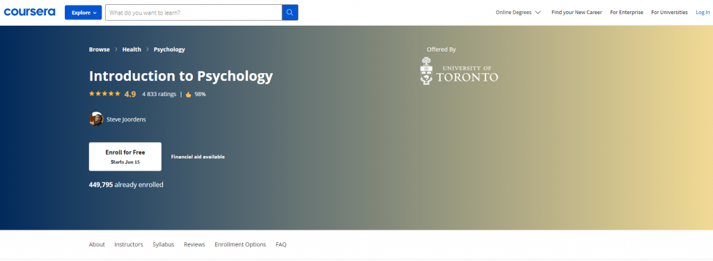 the screenshot from the course of Coursera - Introduction to Psychology