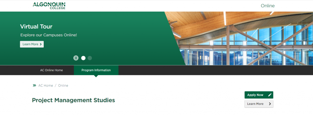 the screenshot from the course of Algonquin College - Project Management Studies