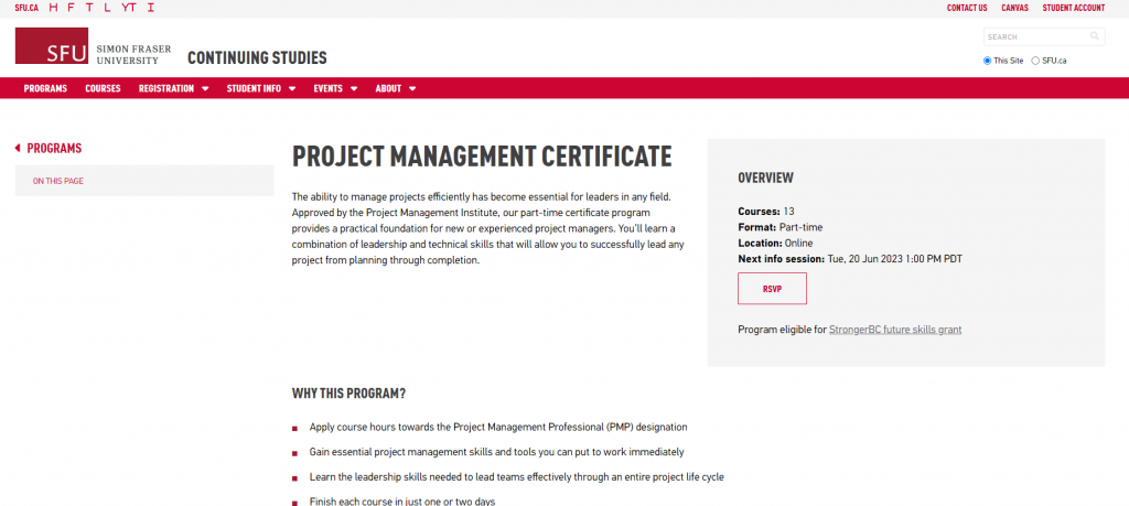 the screenshot from the course of Simon Fraser University - Project Management Certificate