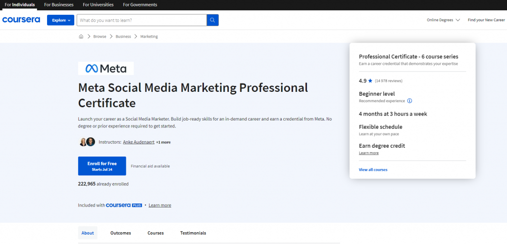the screenshot from the course of Coursera - Meta Social Media Marketing Professional Certificate