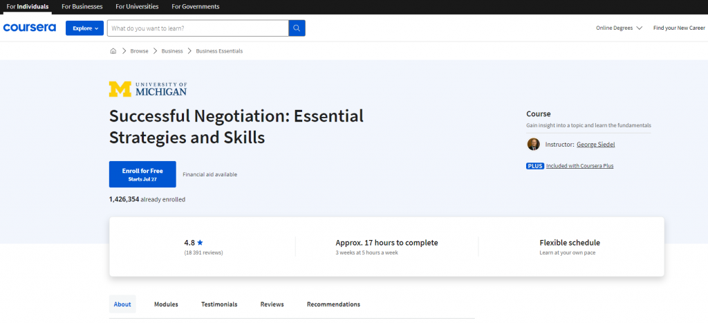 the screenshot from the course of Coursera - Successful Negotiation: Essential Strategies and Skills