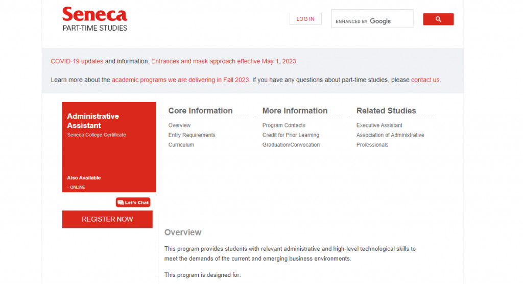 the screenshot from the course of Seneca College Administrative Assistant Certificate Program