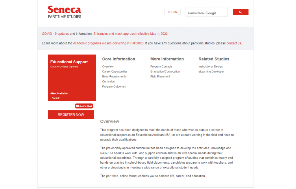 the screenshot from the course of Seneca Part-Time Studies - Educational Support Ontario College Diploma