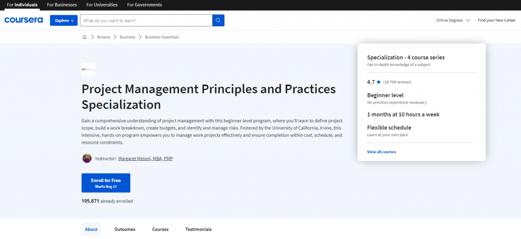 the screenshot from the course of Coursera - Project Management Principles and Practices Specialization