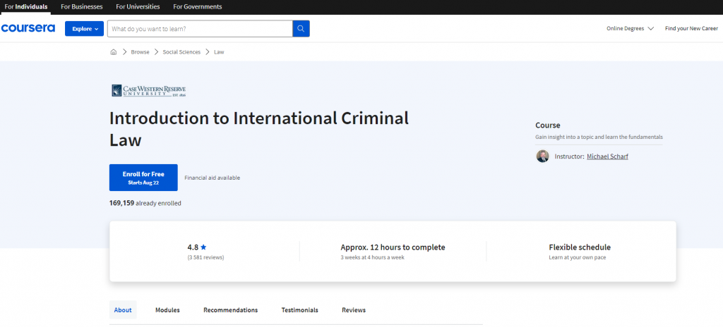 the screenshot from the course of Coursera - Introduction to International Criminal Law