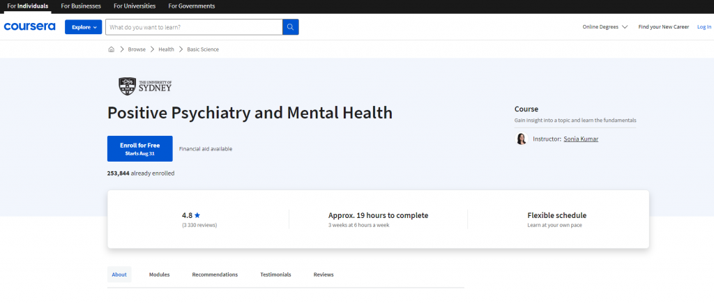 the screenshot from the course of Coursera - Positive Psychiatry and Mental Health 