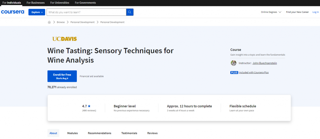 the screenshot from the course of Coursera - Wine Tasting: Sensory Techniques for Wine Analysis