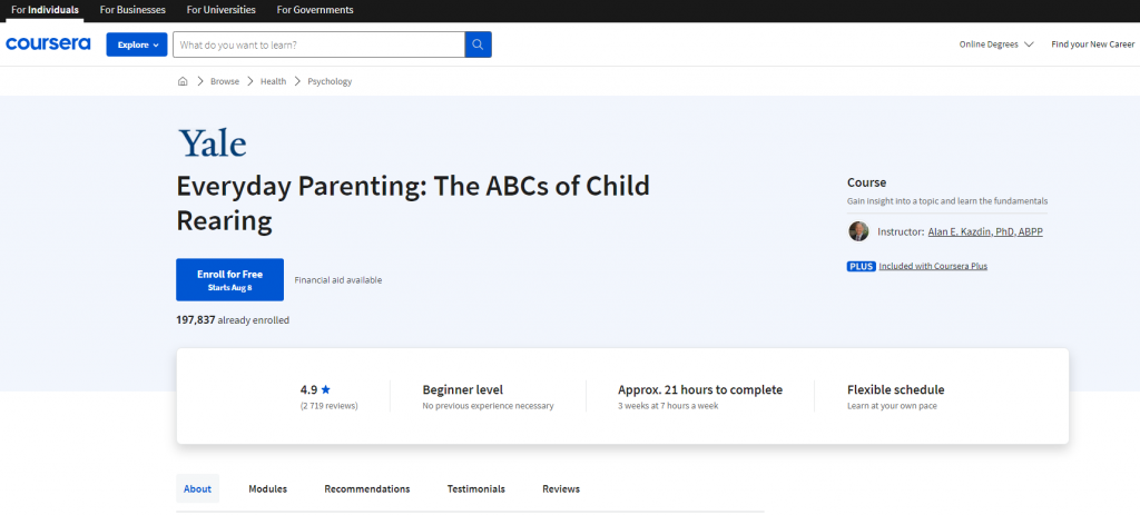 the screenshot from the course of Coursera - Everyday Parenting: The ABCs of Child Rearing