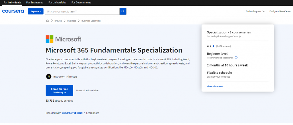 the screenshot from the course of Coursera - Microsoft 365 Fundamentals Specialization