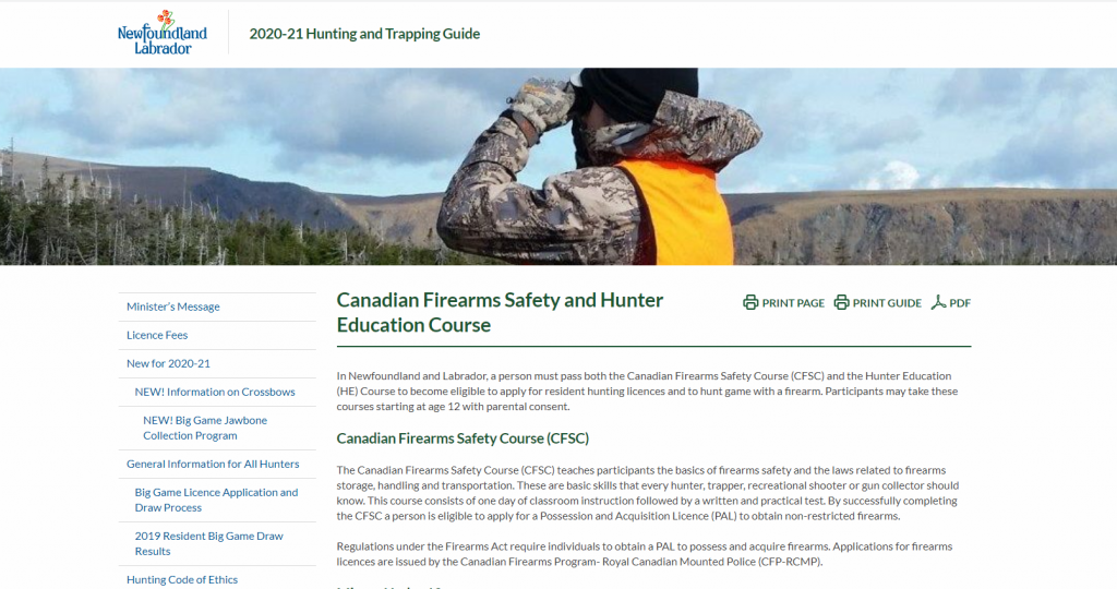 the screenshot from the course of Government of New Foundland and Labrador - Canadian Firearms Safety and Hunter Education Course