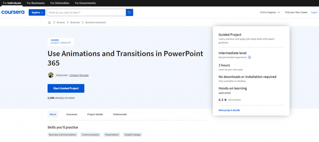 the screenshot from the course of Coursera - Use Animations and Transitions in PowerPoint 365 