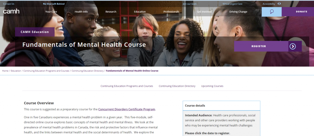 the screenshot from the course of CAMH (Centre for Addiction and Mental Health) - Fundamentals of Mental Health Course