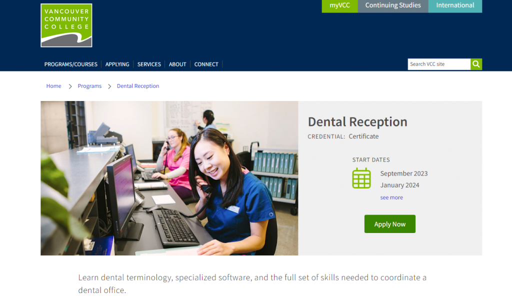 the screenshot from the course of Vancouver Community College - Dental Reception Course