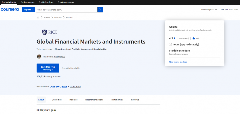 the screenshot from the course of Coursera - Global Financial Markets and Instruments