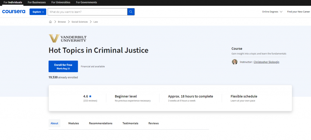 the screenshot from the course of Coursera - Hot Topics in Criminal Justice