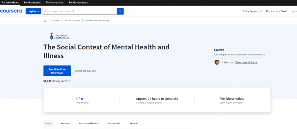 the screenshot from the course of Coursera - Social Context of Mental Health and Illness