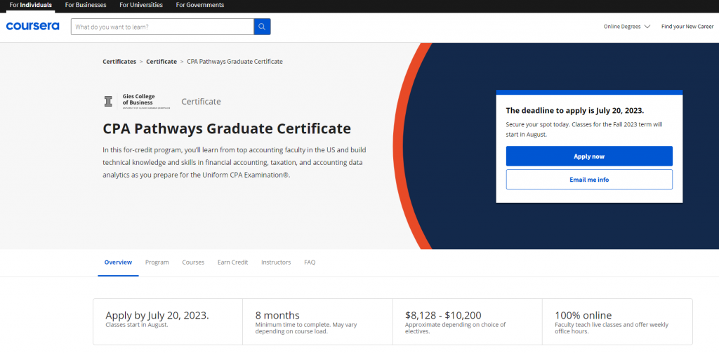 the screenshot from the course of Coursera - CPA Pathways Graduate Certificate