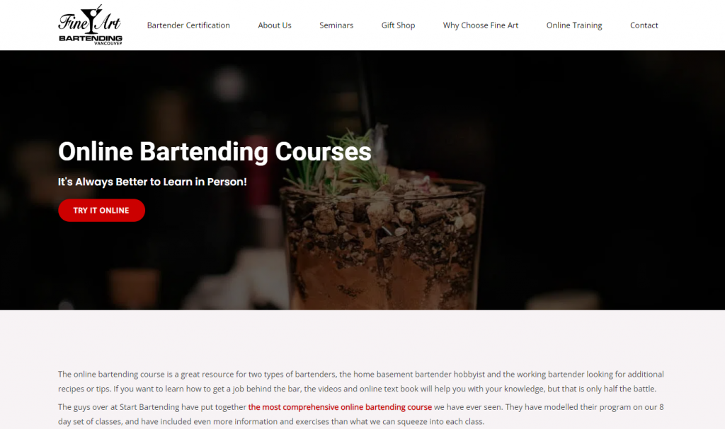 the screenshot from the course of Fine Art Bartending School's Online Bartending Courses