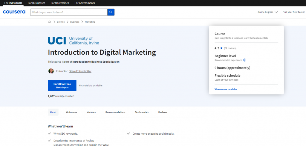 the screenshot from the course of Coursera - Introduction to Digital Marketing