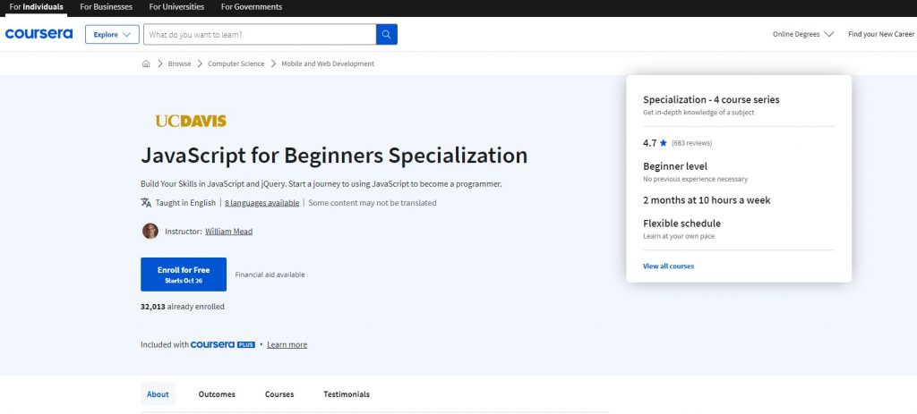 the screenshot from the course of Coursera - JavaScript for Beginners Specialization