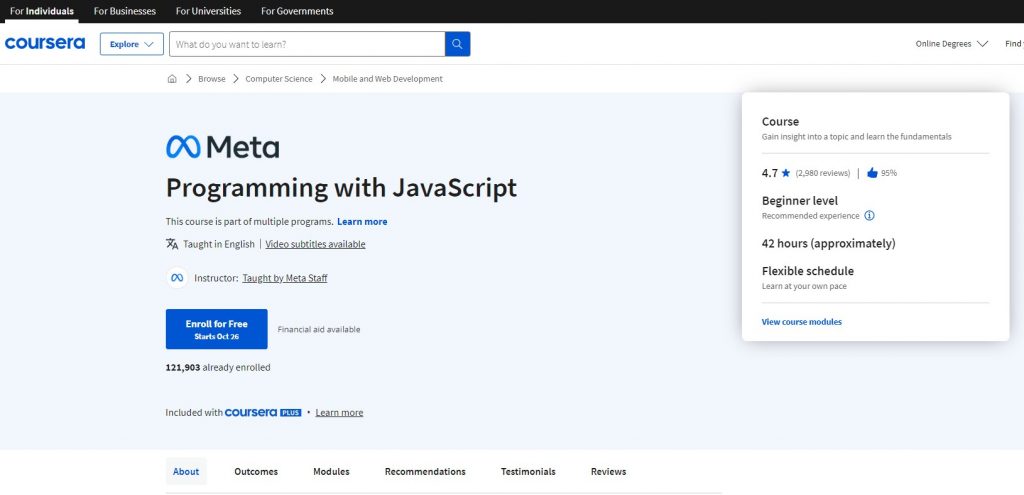 screenshot from the course of Coursera - Programming with JavaScript